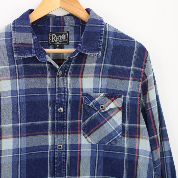 Retrofit Shirt Mens Blue Plaid Button Down Long Sleeve Collared Cotton Sz M - Picture 2 of 9